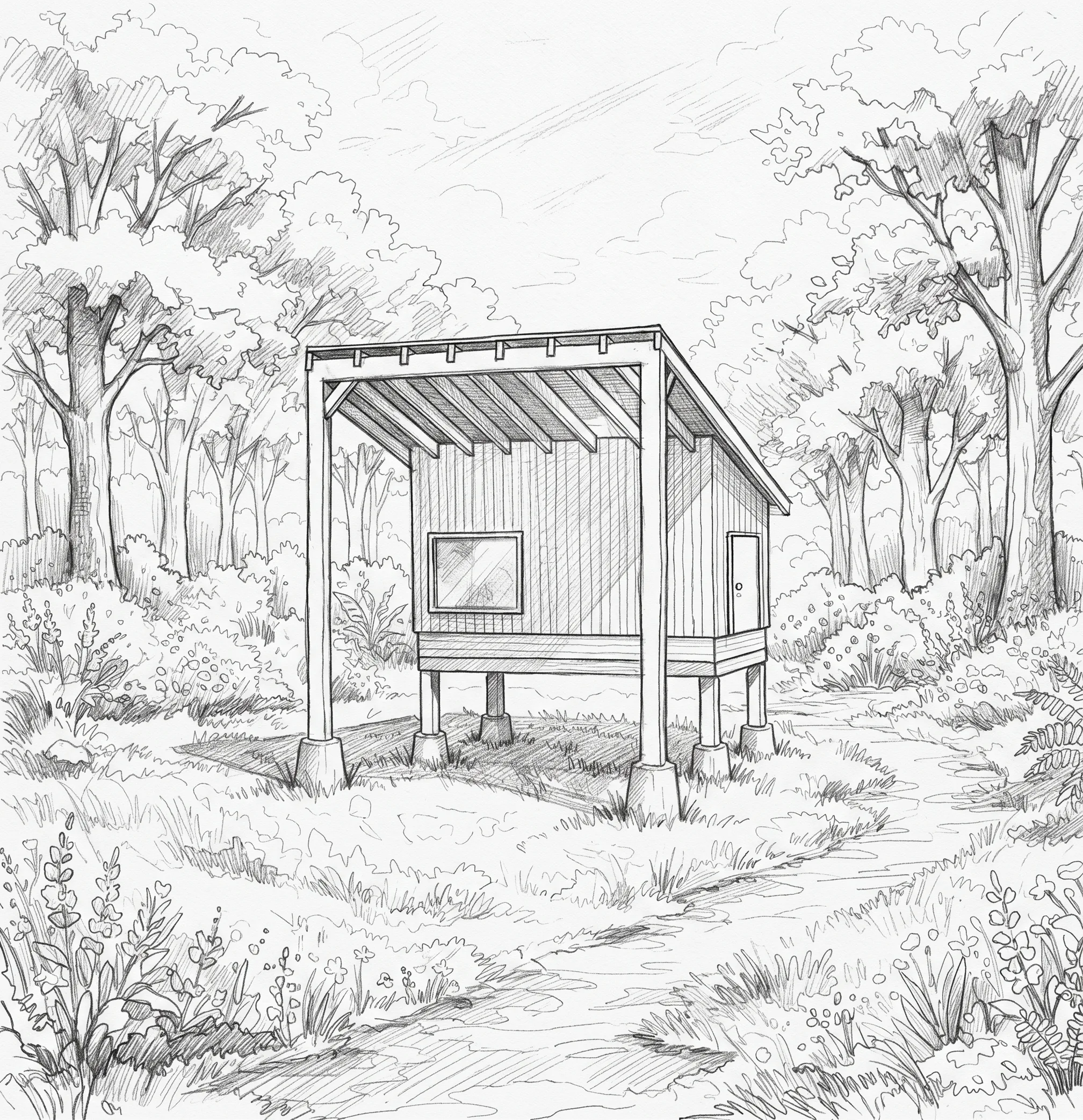 Architectural conceptual design sketch of the Tiny House Pod