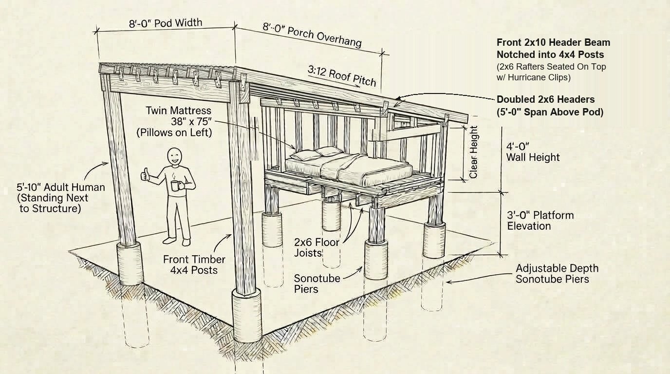 Tiny House Pod hand-drawn architectural line drawing featuring dimensions, front 2x10 beam notched into 4x4 posts, doubled 2x6 headers above pod (5' span), seated rafters, uniform concrete piers, and 8' covered porch